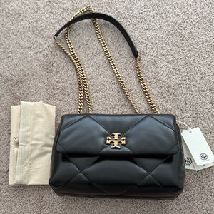 Tory Burch Kira Diamond Quilt Small Black and Gold Quilted Shoulder Bag
